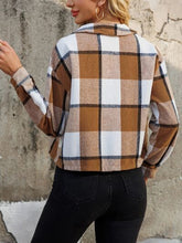 Load image into Gallery viewer, Women Brown Plaid Collared Neck Cropped Jacket Trendy &amp; Versatile Outerwear
