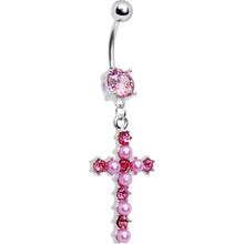 将图片加载到图库查看器，Pink Gem Faux Pearl Cross Belly Ring
