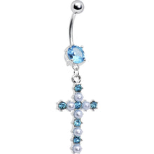 Load image into Gallery viewer, Aqua Gem Faux Pearl Cross Belly Ring
