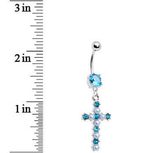 Load image into Gallery viewer, Aqua Gem Faux Pearl Cross Belly Ring
