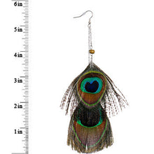 Load image into Gallery viewer, Gold Tone Chain Drop Peacock Feather Earrings

