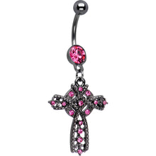 将图片加载到图库查看器，Rose Flower Gem Midnight Halo Cross Dangle Belly Ring
