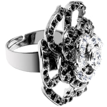 将图片加载到图库查看器，Black and Clear Crystal Flower Bloom Adjustable Ring

