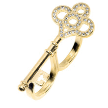 将图片加载到图库查看器，Gold Tone Crystalline Skeleton Key Double Finger Ring
