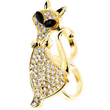 Load image into Gallery viewer, Gold Tone Crystalline Fashion Feline Double Finger Ring
