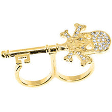 Load image into Gallery viewer, Gold Tone Crystalline Skull &amp; Cross Bones Double Finger Ring
