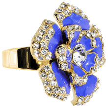 Load image into Gallery viewer, Gold Tone Crystalline Blue Enamel Flower Adjustable Ring
