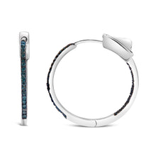 将图片加载到图库查看器，.925 Sterling Silver 1/3 Cttw Inside Out Blue Treated Diamond 1MM Wide Hoop Earrings (Blue Color, I2-I3 Clarity)
