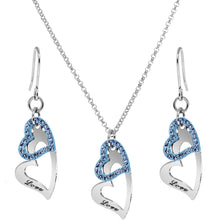 Load image into Gallery viewer, Blue Duo Floating Love Inscribed Heart Necklace and Earring Set
