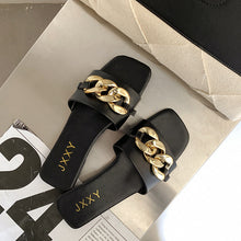 将图片加载到图库查看器，Women Sandals Design Gold Chain Closed Toe Slip On Mules Shoes Flat Heels Square Head Casual Slides Summer Slippers Open Toe Flat Sandals Metal Chain PU Leather Slides Shoes
