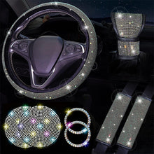将图片加载到图库查看器，Diamond Set Leather Steering Wheel Cover Rhinestones Steering Wheel Cover With Crystal Breathable Anti-Slip Steering Wheel Protector Diamond Sparkling Car Steering Wheel Protector Vehicle Car Bling Steering Wheel Cover for Women Girls
