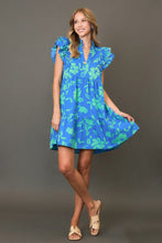 Load image into Gallery viewer, Blue Full Size Two-Tone Floral Print Ruffle Cap Sleeve Mini Dress Plus Size Elegant Dress
