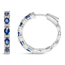 Load image into Gallery viewer, 14K White Gold 4x3mm Oval Blue Sapphire and 1/4 Cttw Diamond Alternating Hoop Earring (I-J Color, SI2-I1 Clarity)
