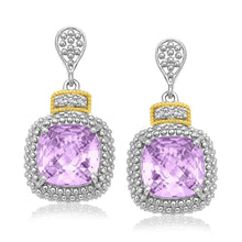 Load image into Gallery viewer, 18k Yellow Gold &amp; Sterling Silver Cushion Amethyst &amp; Diamond Earrings (.05cttw)
