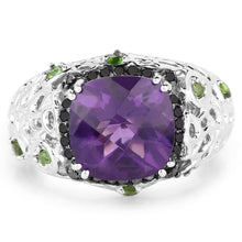 Load image into Gallery viewer, 3.27 Carat Genuine Amethyst, Chrome Diopside &amp; Black Diamond .925 Sterling Silver Ring

