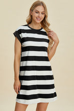 将图片加载到图库查看器，Full Size Striped Round Neck Cap Sleeve Mini Dress For Women – Striped Mini Dress, Full-Size Round Neck Dress, Comfortable Cap Sleeve Dress, Chic Striped Dress, Flattering Mini Dress, Casual Everyday Dress, Versatile Striped Dress
