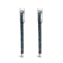将图片加载到图库查看器，.925 Sterling Silver 1/3 Cttw Inside Out Blue Treated Diamond 1MM Wide Hoop Earrings (Blue Color, I2-I3 Clarity)
