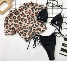 Load image into Gallery viewer, 3PCS Women's Leopard Bikini Swimwear Swimsuit Bathing Beach Holiday Short Sleeve Leopard Print 3 Piece Short Sleeve Bikini Set Swimsuit Micro Triangle Bathing suit
