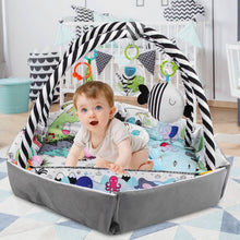 Load image into Gallery viewer, 4-in-1 Baby Gym Play Mat Ball Pit with Pillow 18 Balls 9 Toys for 0-3 Years Old

