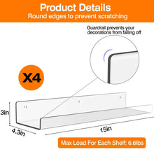 Load image into Gallery viewer, 4-Pack: 15 inches Clear Acrylic Floating Shelves with 2 Mounting Ways
