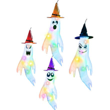 Load image into Gallery viewer, 4-Pieces: Halloween Ghosts with Witch Hats Windsocks Hanging Decoration with Colorful LED Light
