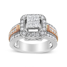 将图片加载到图库查看器，14K White and Rose Gold 1 1/8 Cttw Princess and Round-Cut Diamond Art Deco Style Triple Shank Halo Cocktail Ring (I-J Color, SI2-I1 Clarity) - Size 7
