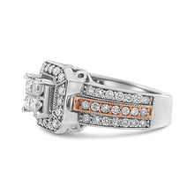将图片加载到图库查看器，14K White and Rose Gold 1 1/8 Cttw Princess and Round-Cut Diamond Art Deco Style Triple Shank Halo Cocktail Ring (I-J Color, SI2-I1 Clarity) - Size 7

