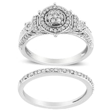 将图片加载到图库查看器，.925 Sterling Silver 1/3 Cttw Diamond 7 Stone Cluster and Halo Engagement Ring and Wedding Band Set (I-J Color, I1-I2 Clarity) - Size 7
