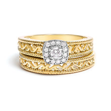 将图片加载到图库查看器，14K Yellow Gold Plated .925 Sterling Silver 1/5 Cttw Diamond Halo and Milgrain Finish Engagement Ring Bridal Set (I-J Color I3 Clarity) - Size 7
