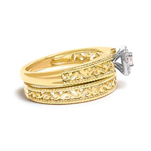 将图片加载到图库查看器，14K Yellow Gold Plated .925 Sterling Silver 1/5 Cttw Diamond Halo and Milgrain Finish Engagement Ring Bridal Set (I-J Color I3 Clarity) - Size 7
