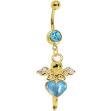 Load image into Gallery viewer, Gold Plated Aqua Gem Heart of an Angel Belly Ring
