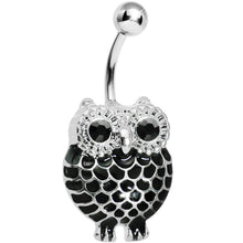 Load image into Gallery viewer, Black Gem Ebony Feathered Owl Belly Ring
