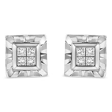 Load image into Gallery viewer, .925 Sterling Silver 1/6 Cttw Invisible Set Princess-Cut Diamond Quad Composite Stud Earrings (H-I Color, I1-I2 Clarity)
