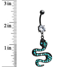 Load image into Gallery viewer, Black Aqua Gem Paved Snake Dangle Belly Ring
