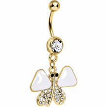Load image into Gallery viewer, Gold Plated White Enamel Jeweled Butterfly Dangle Belly Ring
