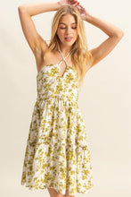 Load image into Gallery viewer, New Summer Floral Print Halter Neck Tiered Mini Dress For Women – Elegant Halter Neckline Dress with Crisscross Detailing and Playful Tiered Skirt
