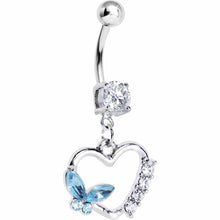 Load image into Gallery viewer, Aqua Butterfly Open Heart Dangle Belly Ring

