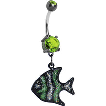 Load image into Gallery viewer, Peridot Green Gem Glittery Angel Fish Dangle Belly Ring
