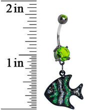 Load image into Gallery viewer, Peridot Green Gem Glittery Angel Fish Dangle Belly Ring
