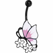Load image into Gallery viewer, Clear Gem Black Pink Burst White Butterfly Flower Belly Ring

