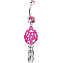 Load image into Gallery viewer, Pink Gem Neon Web Dreamcatcher Belly Ring
