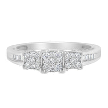 Load image into Gallery viewer, 10K White Gold 1/2 Cttw Brilliant &amp; Baguette Cut Diamond 3 Stone Design with 3 Square Clusters Engagement Ring (H-I Color, SI2-I1 Clarity) - Size 6-3/4
