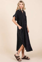 Load image into Gallery viewer, Mineral Wash V Neck Button Up Midi Shirt Dress For Women – Trendy and Comfortable Lived-In Style
