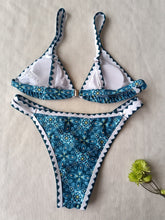 Load image into Gallery viewer, New Blossom Charm High-Cut Bikini Set For Summer – Strapless Floral Print Swimsuit with Elegant Embroidered Cut-Out Triangular Top Contrast Trim and Back Buckle – Women’s 2-Piece Summer Beachwear

