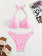 将图片加载到图库查看器，Bikini Rib Knit Solid Color Triangle 2 Piece Swimsuit for Women – Adjustable Tie Back Halter Bikini Set with Spaghetti Straps – High Stretch Polyester Swimwear for Summer Beachwear Poolside Relaxation and Tropical Vacation
