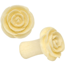 Load image into Gallery viewer, 2G Organic White Crocodile Wood Rose Flower Hand Carved Plug Set
