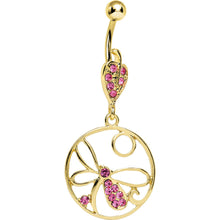 Load image into Gallery viewer, Gold Plated Circle Encased Pink Gem Dragonfly Belly Ring
