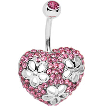 Load image into Gallery viewer, Pink Cubic Zirconia Paved Floral Heart Belly Ring
