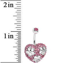 Load image into Gallery viewer, Pink Cubic Zirconia Paved Floral Heart Belly Ring
