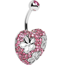 Load image into Gallery viewer, Pink Cubic Zirconia Paved Floral Heart Belly Ring

